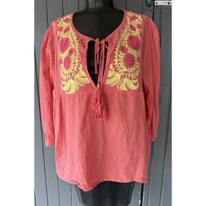 RAGA ANTHROPOLOGIE Coral Shirt L Embroidered Boho Fairy Cottagecore Peasant